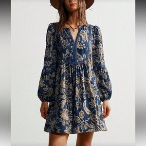Dusty Blue Boho Baroque V Neck Ruffle Dress Long Sleeve S-XL